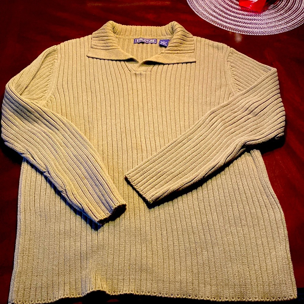 Khaki sweater with straight bottom. 100% cotton.